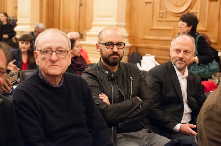 le chanteur Yvan Dautin, le photographe Tristan Sébenne et le Poète Etienne Orsini, Président du Jury 2018, chargé de mission à l'Espace Andrée Chedid à Issy-les-Moulineaux (92)