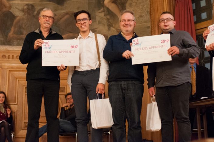 Prix Région Île-de-France, palmarès des apprentis : Pierre Kobel, pour les Editions Bruno Doucey et Tom Lévêque, IUT Paris-Descartes à Paris (75) ; Eric Dubois, poète et Matthieu Geens, CFA des métiers de la viande (EPB) à Paris (75).