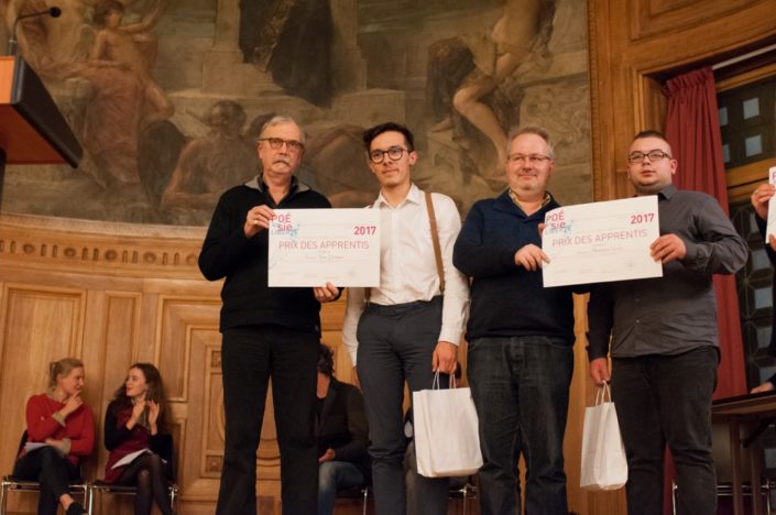 Prix Région Île-de-France, palmarès des apprentis : Pierre Kobel, pour les Editions Bruno Doucey et Tom Lévêque, IUT Paris-Descartes à Paris (75) ; Eric Dubois, poète et Matthieu Geens, CFA des métiers de la viande (EPB) à Paris (75).